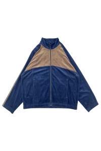 網上下單訂做金絲絨外套  時尚撞色金絲絨外套  企領  橡筋袖口 寶藍色拼啡色 J1052
